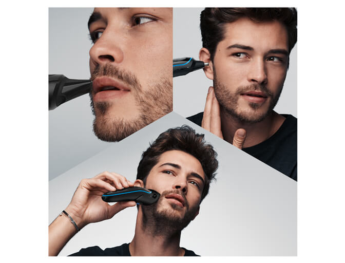 Multi-grooming (beard, body, ear, nose) - Braun - 3 images showing what the different accessories for the Braun 9-in-1 All-in-one Trimmer 5 MGK5280 can do