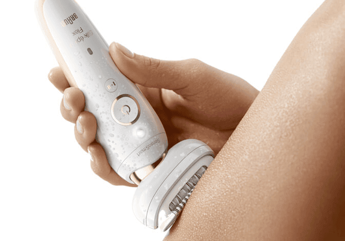Up to 4 weeks - Braun - clsoe up of silk-epil 9 flex being used to remove hair from leg