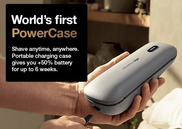 Braun - world's first powercase - shave anytime, anywhere. portable charging case gives you +50% battery for up to 6 weeks