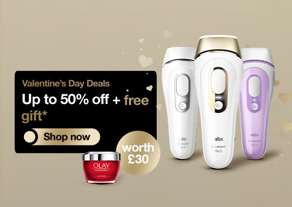Braun valentine's day deals - up to 50% oiff + free gift - shop now - worth £30 - silk expert pro 3 and 5 IPL  and olay moisturiser
