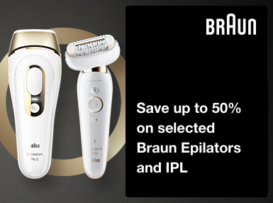 save up to 50% on selected Braun epilaotrs and IPL - silk-expert pro 5 IPL and silk-epil 9 flex epilator stood up with gold ring behind them