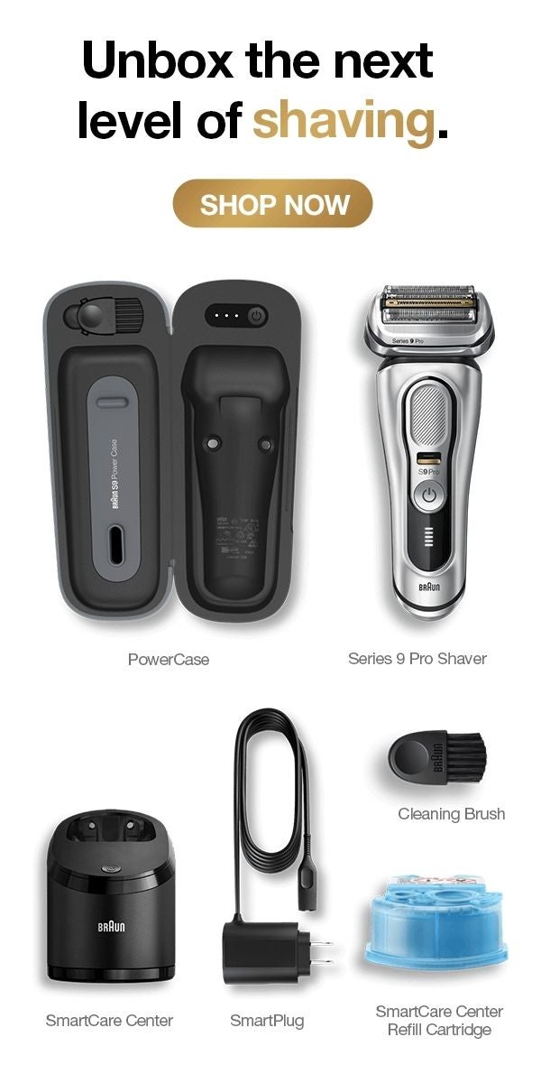 Braun - unbox the next level of shaving - shop now - smartcare center, Series 9 Pro, power case, Smartplug, SmartCare center refill cartridge and cleaning brush