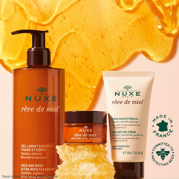 Reve de miel range with pure honey drops at the background.