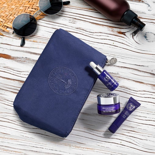 Age well and stress less while you're away. Take our age-defying organic skincare kit with you, including travel sizes of our Age-Defying Serum, Age-Defying Eye Cream and Cream all packaged in an organic cotton travel wash bag.