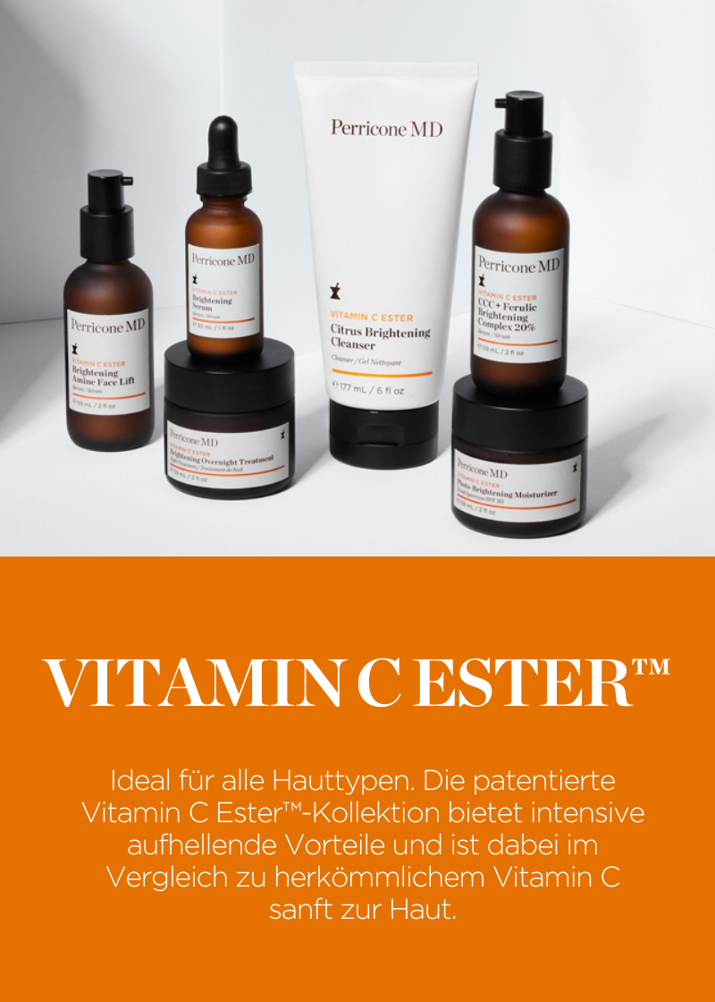 Vitamin C Ester™ -  Ideal für alle Hauttypen. Die patentierte Vitamin C Ester™-Kollektion bietet intensive aufhellende Vorteile und ist dabei im Vergleich zu herkömmlichem Vitamin C sanft zur Haut.