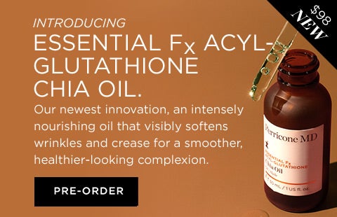 introducing essential fx Acyl- glutathione chia oil. our newest innovation an intensely nourishing oil that visibly softens wrinkles and creases for a smoother healthier looking complexion
