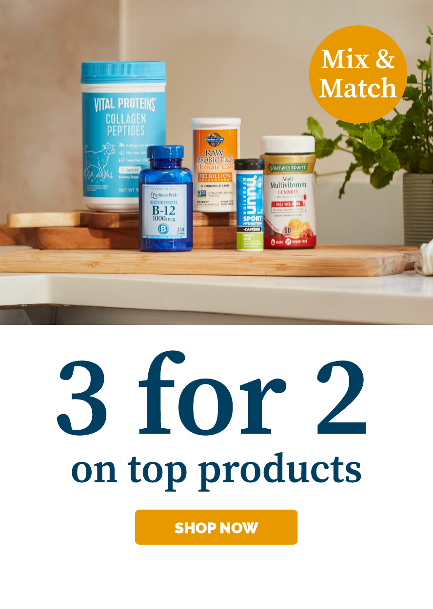 Vital Protein Collagen Peptides, Puritans Pride B-12, Garden of Life Raw Microbiomes and Nuun Sport Caffeine and Lime Electrolyte dissolvable tablets