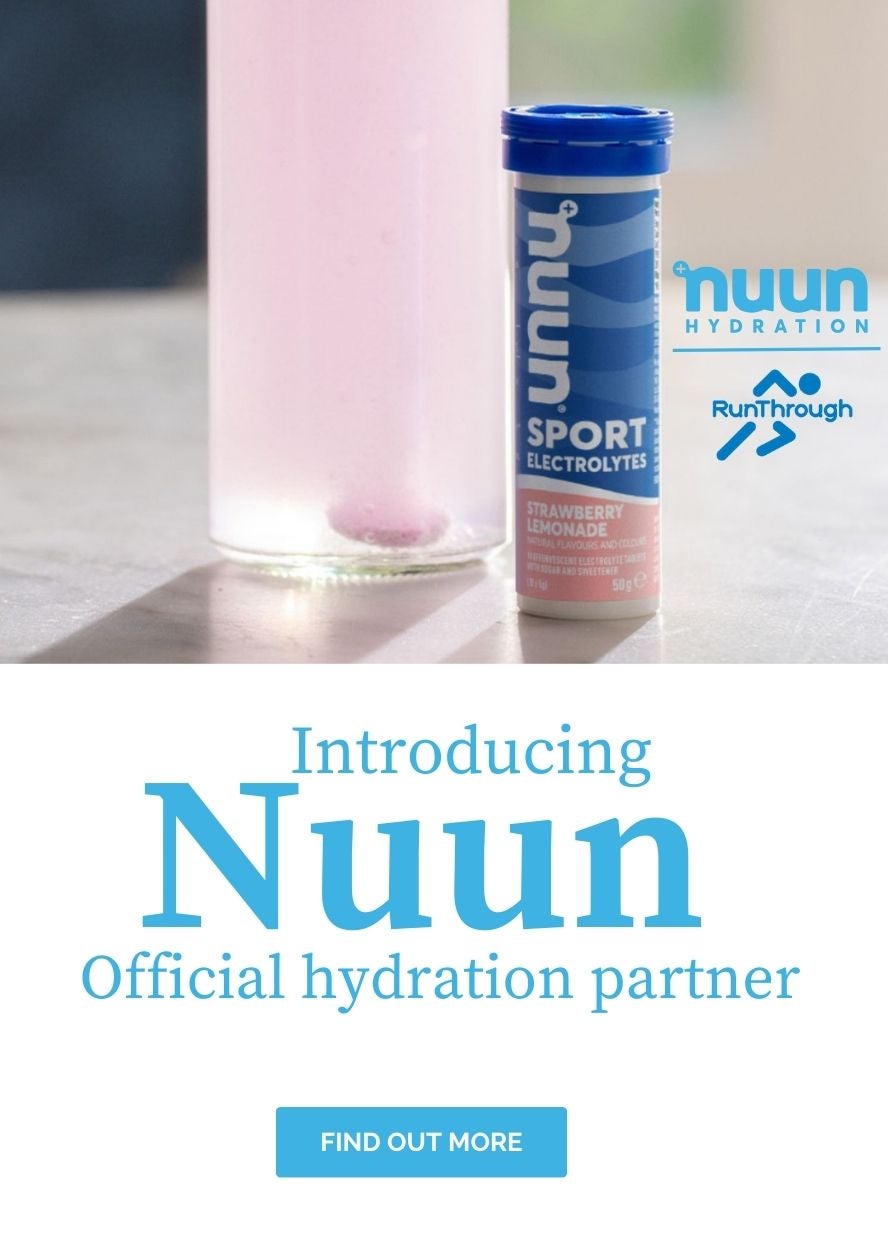Introducing Nuun, official hydration partner for RunThrough Events. Tube of Nuun Electrolytes with water bottle