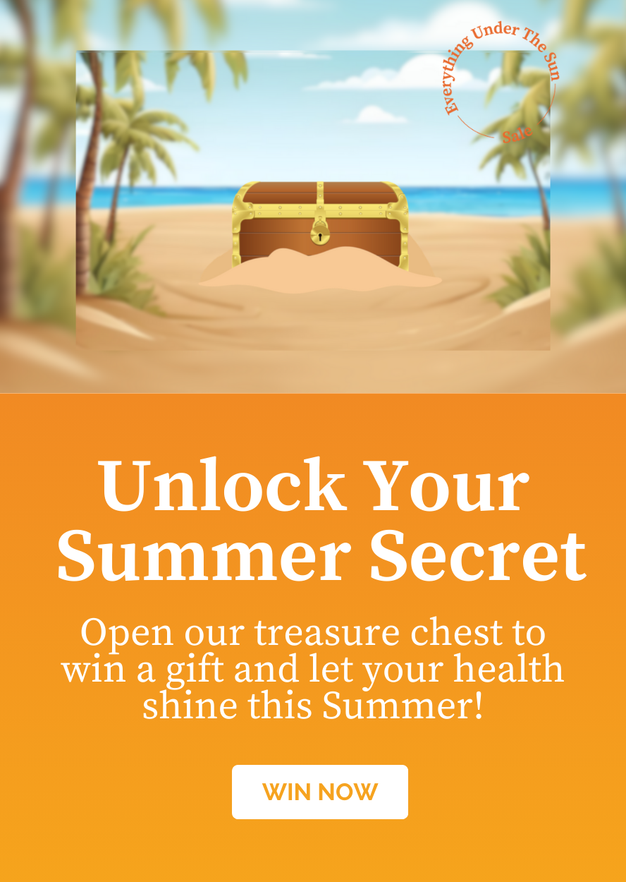 Treasure chest in beach setting promoting our summer secret. Play to win a health product from Every Health. Click through to win now