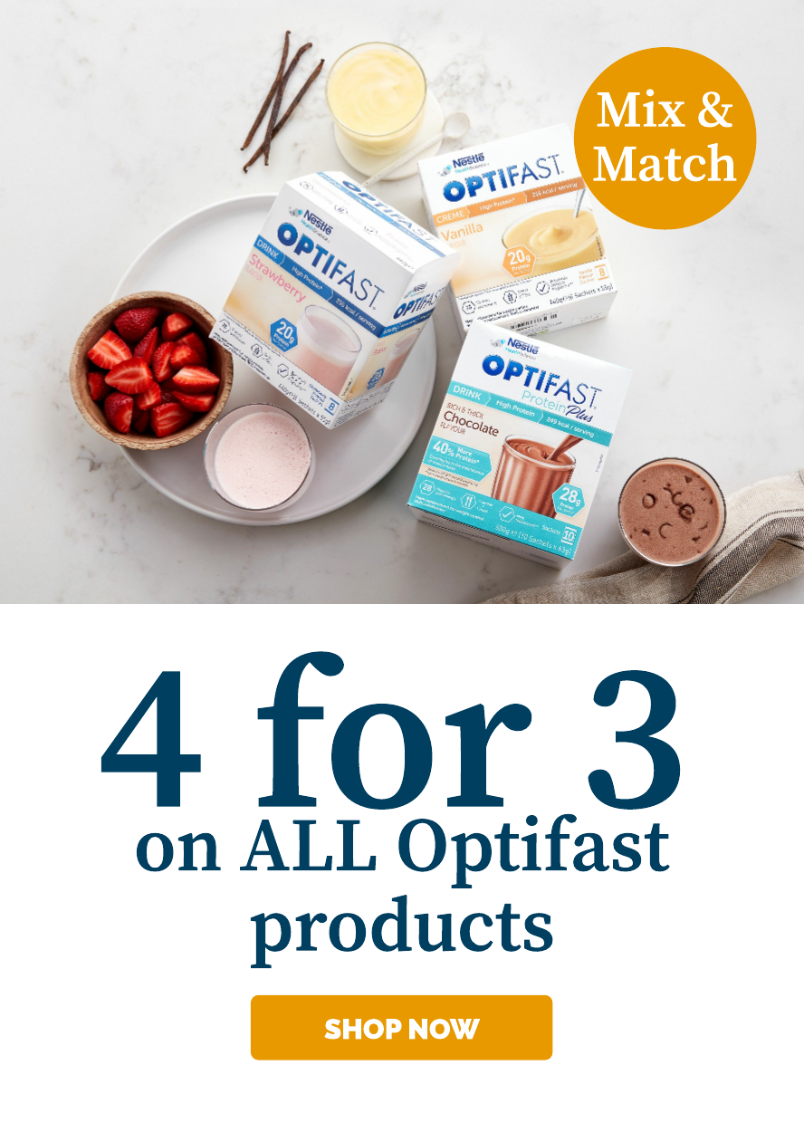 Optifast weight loss shakes in Strawberry and Chocolate flavour with a Vanilla Optifast Pudding
