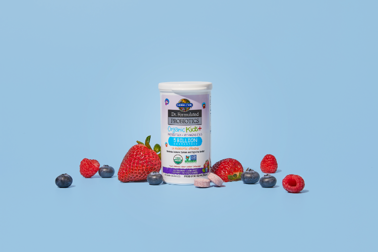 Garden of Life's Dr Formulated Probiotics with an assortment of fruit surrounding the product