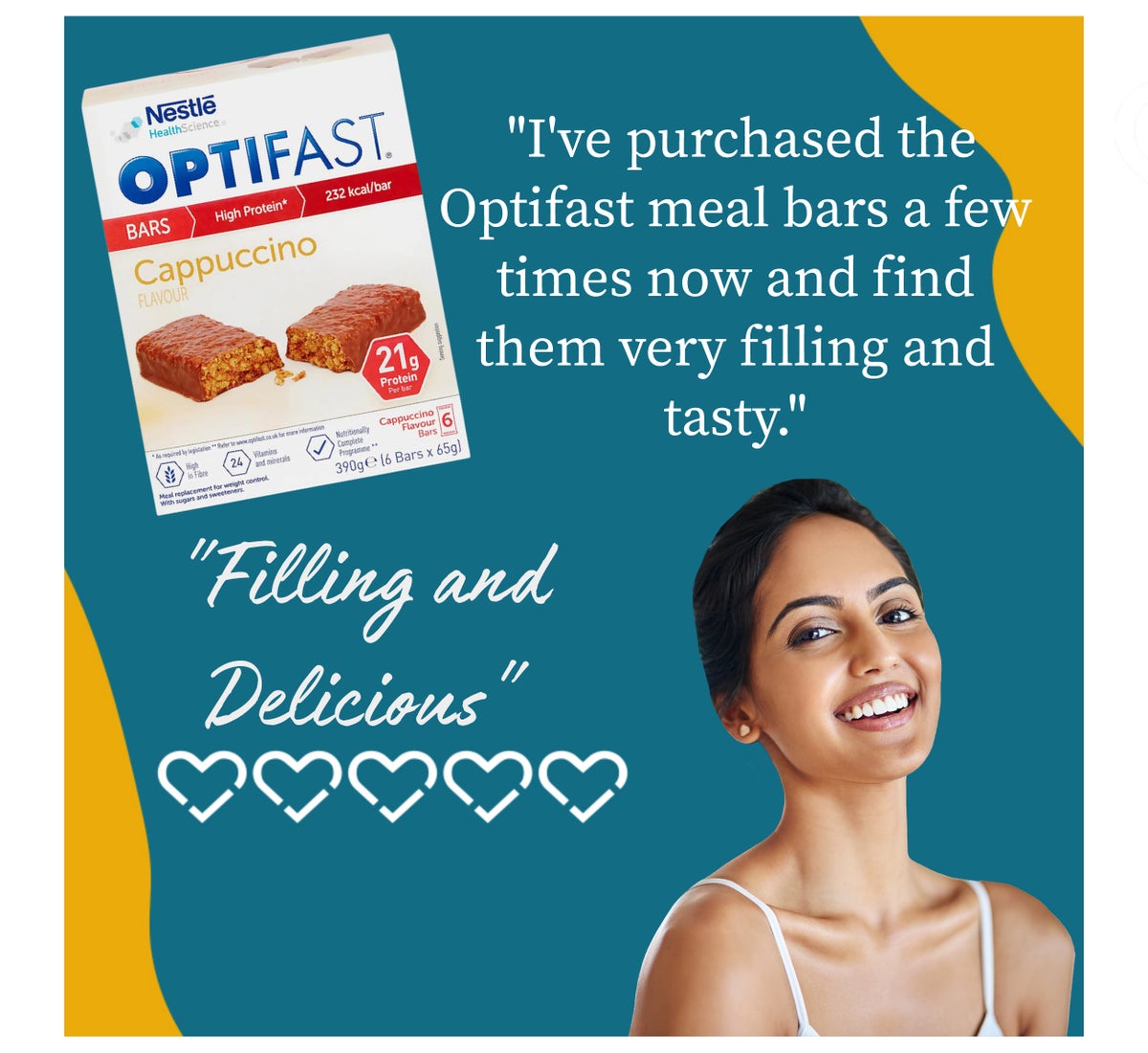 Filling and delicious. I've purchased the Optifast meal bars a few times now and find them very filling and tasty.