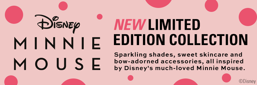 Disney Minnie Mouse. New limited collection! Sparkling shades, sweet skincare and bow-adorned accessories, all inspired by Disney's much-loved Minnie Mouse.