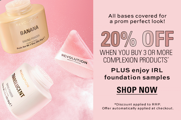 All bases covered for a prom perfect look! 20% off when you buy 3 or more Complexion products*. PLUS enjoy IRL foundation samples. SHOP NOW. *Discount applied to RRP. Offer automatically applied at checkout.