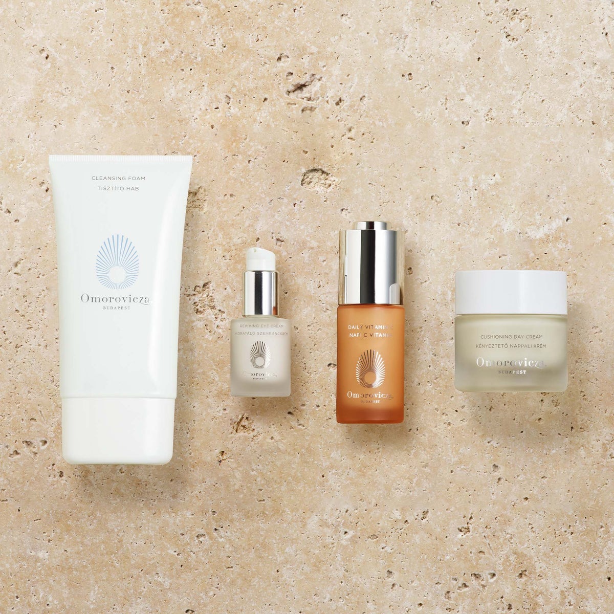 CUSHIONING DAY CREAM, cleansing foam, reviving eye cream, daily vitamin c serum