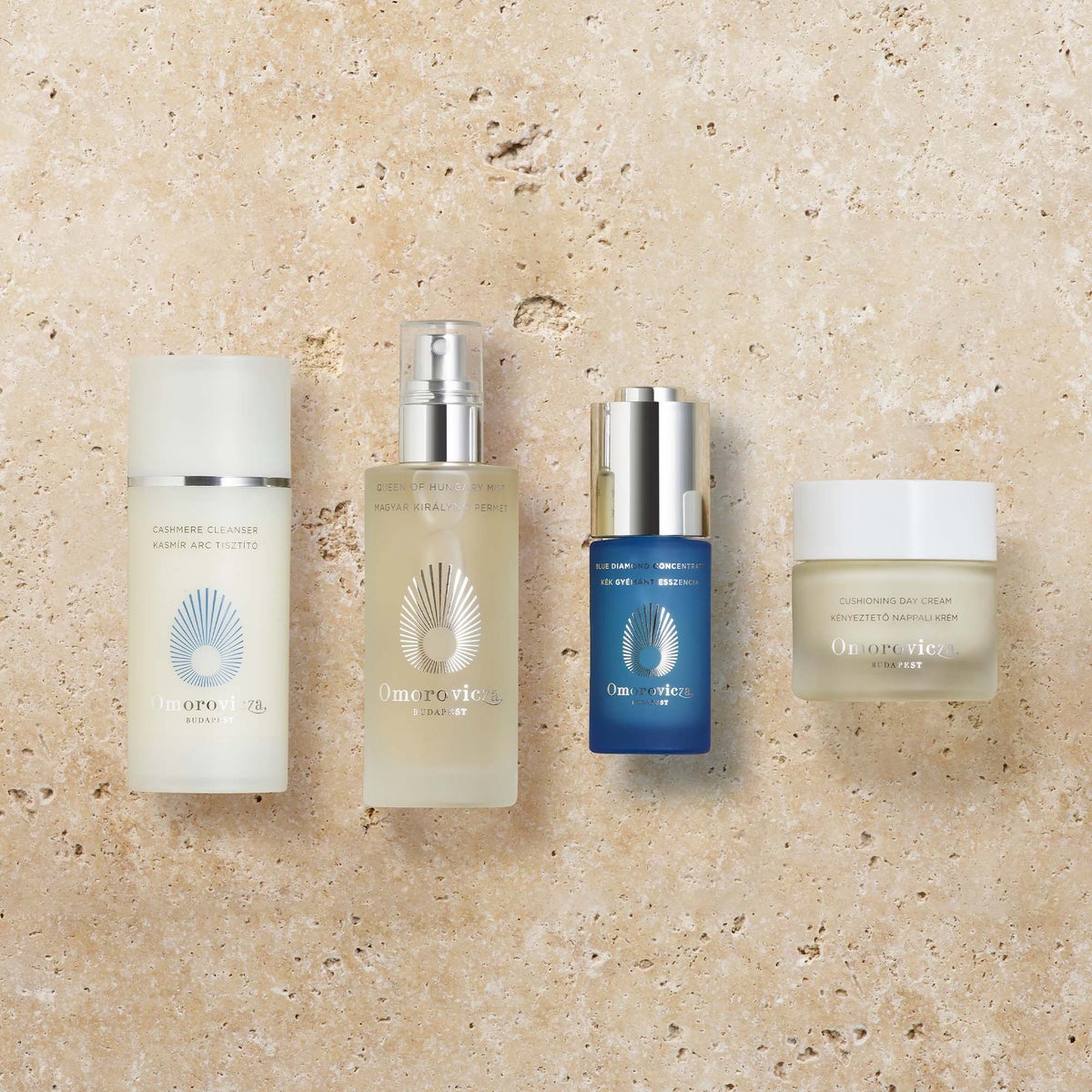 CUSHIONING DAY CREAM, cashmere cleanser, queen of hungary mist and blue diamond concentrate