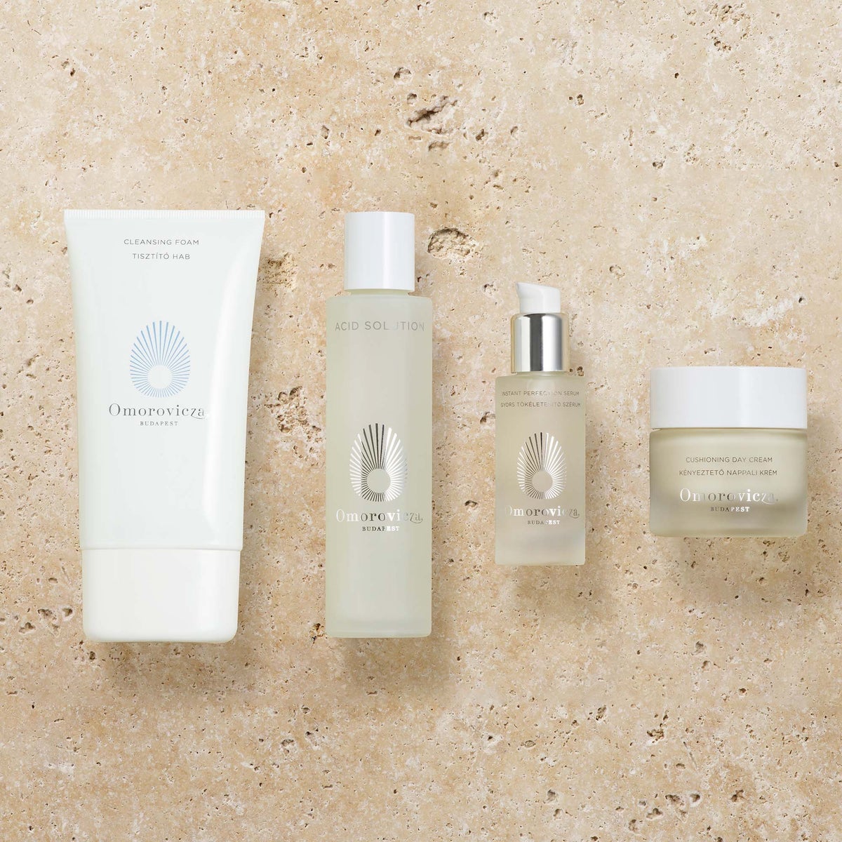 CUSHIONING DAY CREAM, acid solution, instant perfection serum, cleansing foam