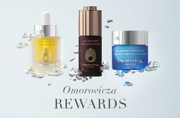 Omorovicza rewards welcome image showing miracle facial oil, gold night drops and blue diamond resurfacing peel