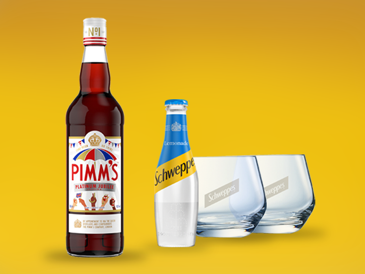 pimms limited edition bottle and schweppes lemonade image, with two schweppes glasses, set against a yellow background,