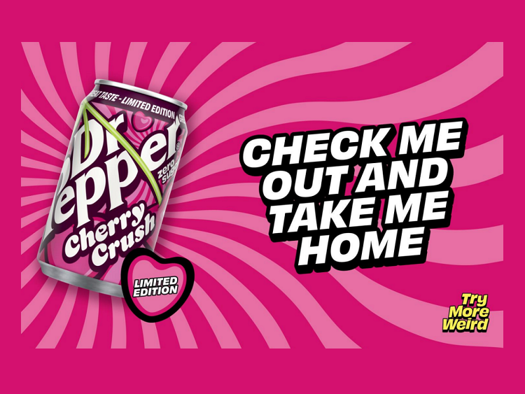 A can of Dr Pepper Cherry Crush featuring vibrant branding against a soft pink background, highlighting its refreshing appeal.