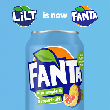 Can of Fanta Pineapple and Grapefruit on a blue background. Caption reads 
