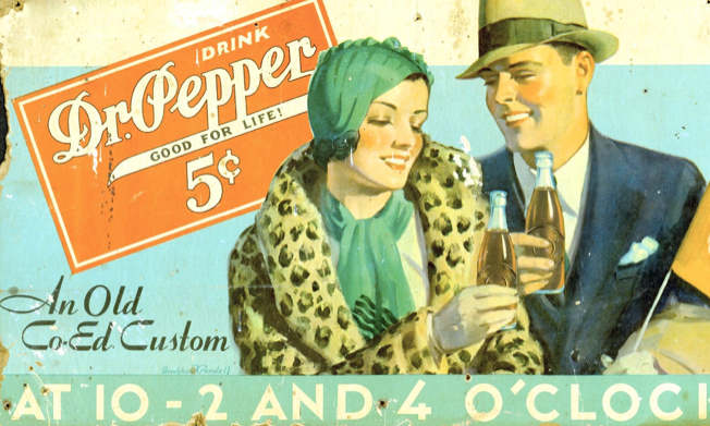Vintage advertisement of a man and woman enjoying a Dr. Pepper
