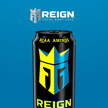 A can of Reign Energy Drink on a blue background