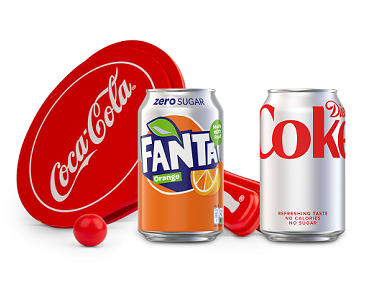 Image of a can of Fanta Zero Sugar and Diet Coke next to a red Coca-Cola branded ping pong bat