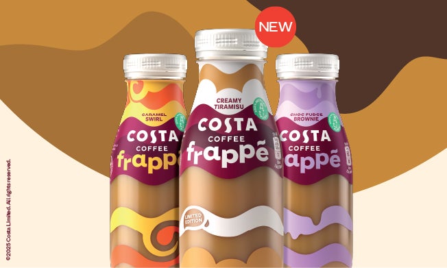 Experience Costa Coffee Frappe, Smooth Coffee, Choc Fudge Brownie and Caramel Swirl
