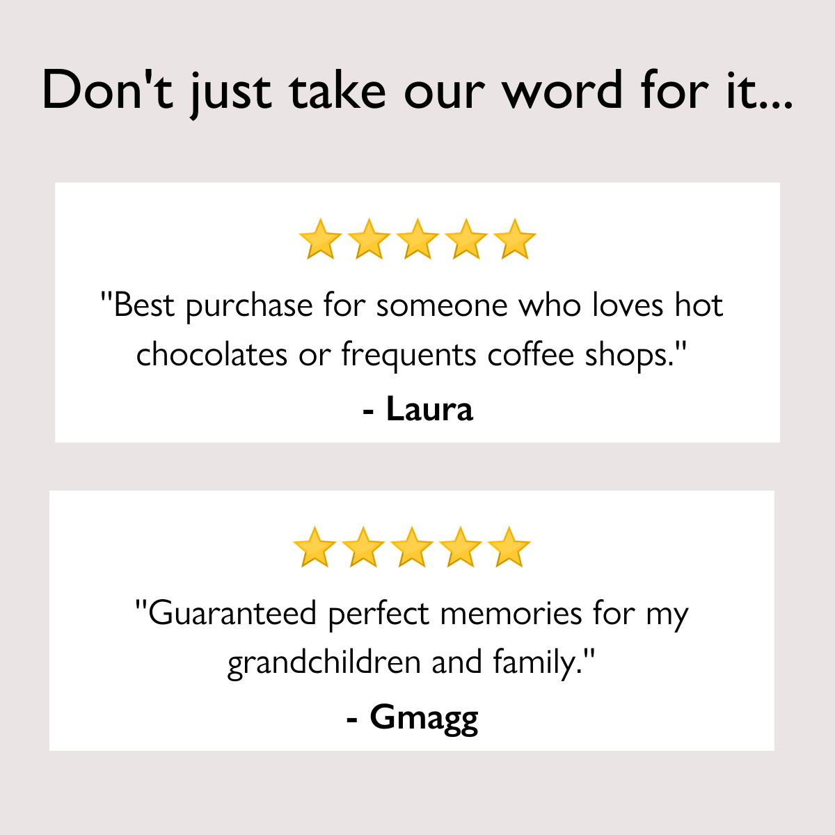 Laura: ''Best purchase for someone who loves hot chocolates or frequents coffee shops.'' Gmagg: ''Guaranteed perfect memories for my grandchildren and family.''