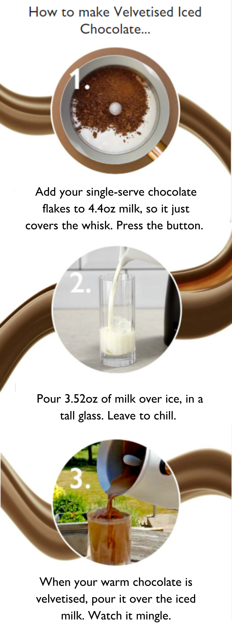 How to make Velvetised Iced Chocolate…Add your single-serve chocolate flakes to 4.4oz milk, so it just covers the whisk. Press the button. Pour 3.52oz of milk over ice, in a tall glass. Leave to chill. When your warm chocolate is velvetised, pour it over the iced milk. Watch it mingle.
