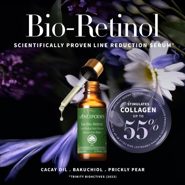 Bio-retinol scientifically proven line reduction serum. Cacay oil, bakuchiol, prickly pear. Scientifically shown to stimulate type 1 collagen production in human fibroblast skin cells by up to 55 percent