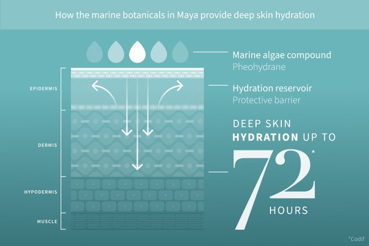 How the marine botanicals in Maya provide deep skin hydration. Marine algae compound - Pheohydrane. Hyrdation reservoir - protective barrier. Deep skin hydration up to 72 hours.