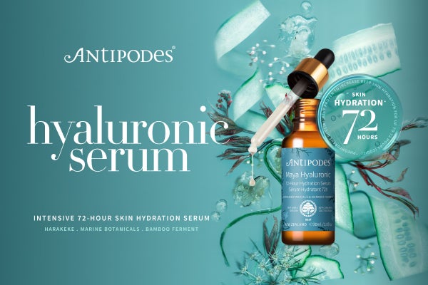 Antipodes hyaluronic serum. Intensive 72-hour skin hydration serum.