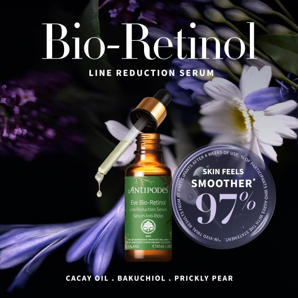 Bio-retinol line reduction serum. Cacay oil, bakuchiol, prickly pear. Skin feels smoother* 97%. *In-Vivo trial results from 37 participants after 4 weeks of use. % of participants who agree with the statement.