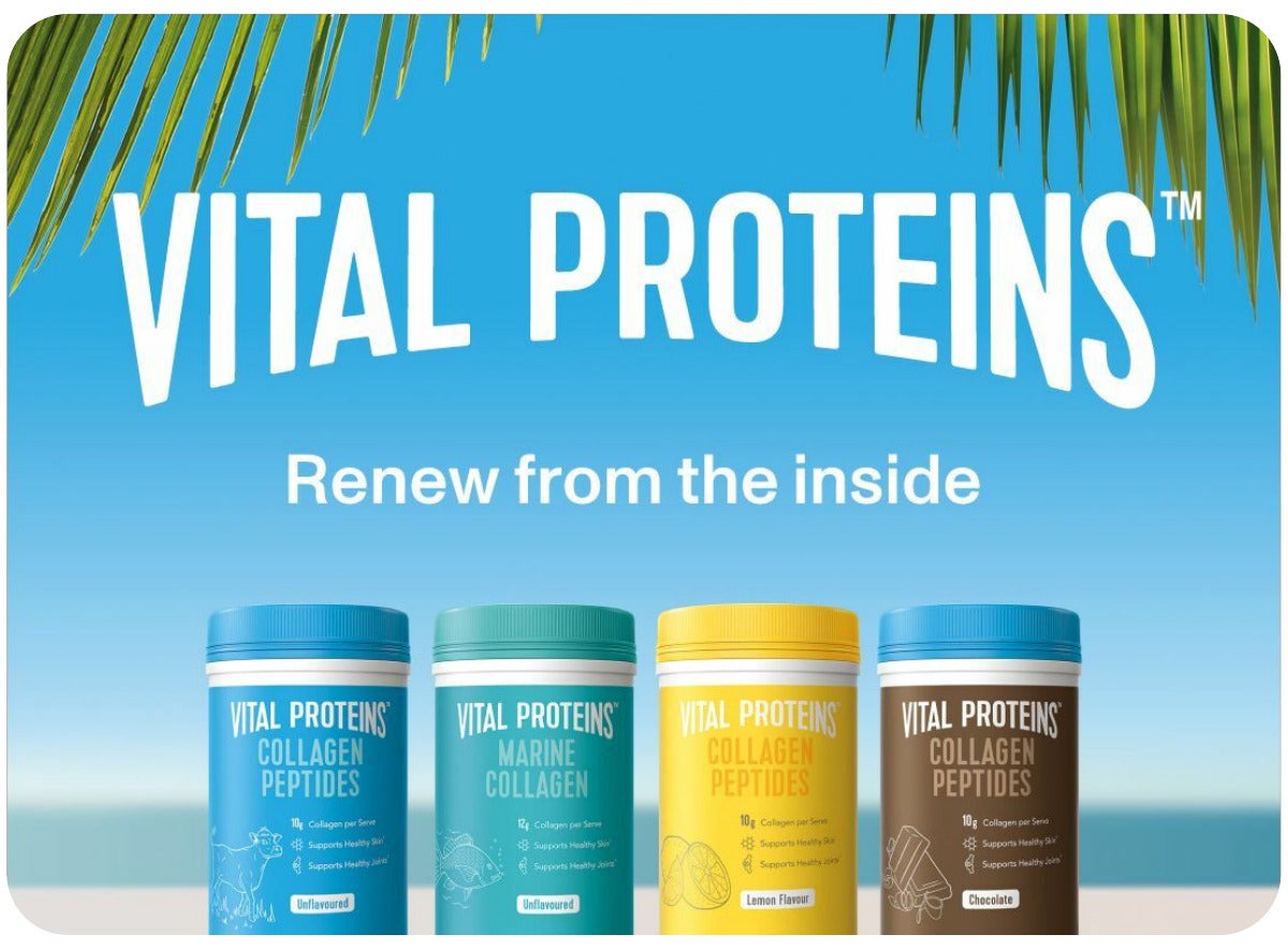 Vital Proteins collagen peptides on kitchen top with a women in the background drinking coffee