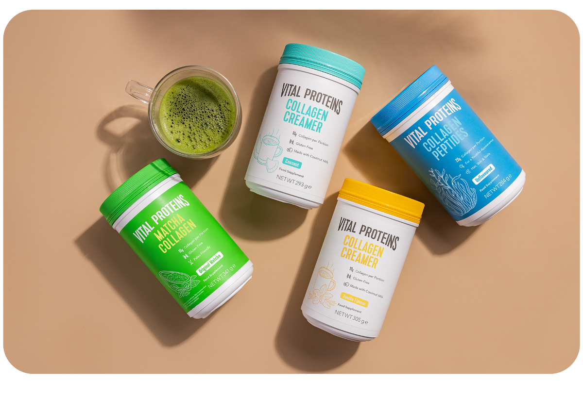 Save up to 40% on Everything. Vital Proteins Matcha Collagen, Collagen creamer with vanilla and coconut and collagen peptides Tins on the table next to the cup with matcha latte.