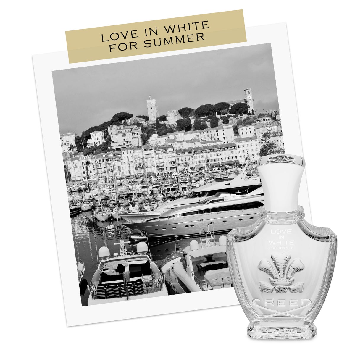 Love In White For Summer bottle infront of black & white postcard of boats in harbour of French Riviera