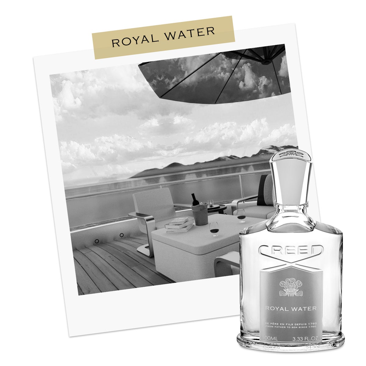Royal Water bottle infront of black & white postcard of boat deck with wine in an ice bucket overlooking the Mediterranean Sea