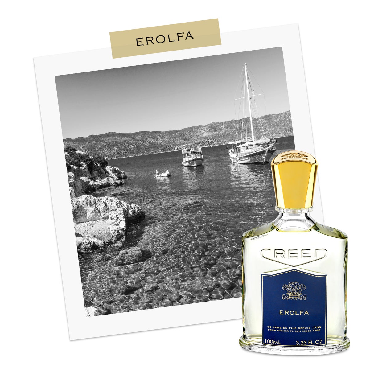 Erolfa bottle infront of black & white postcard of boats in the sea