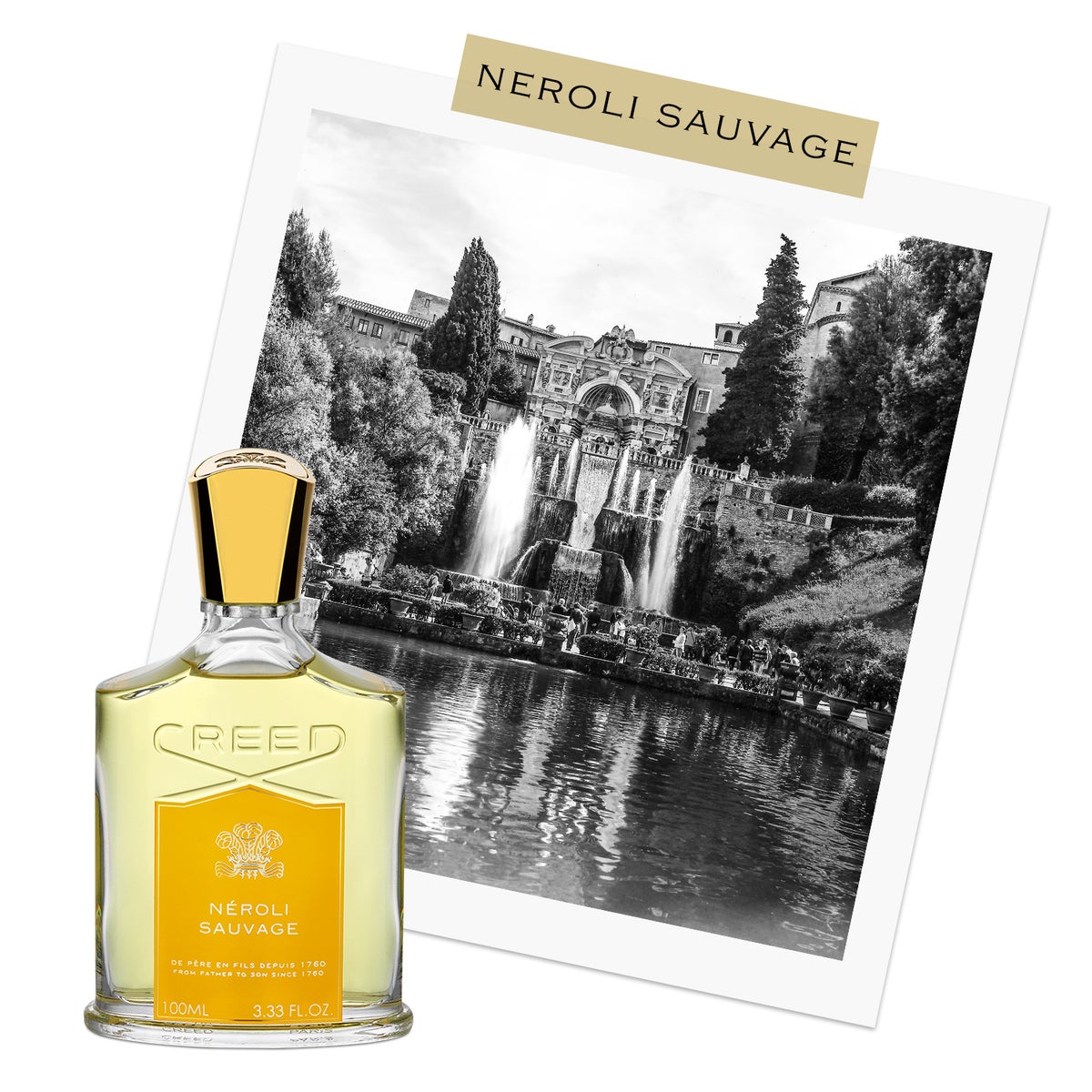 Neroli Sauvage bottle infront of black & white postcard of water fountains in garden in Rome