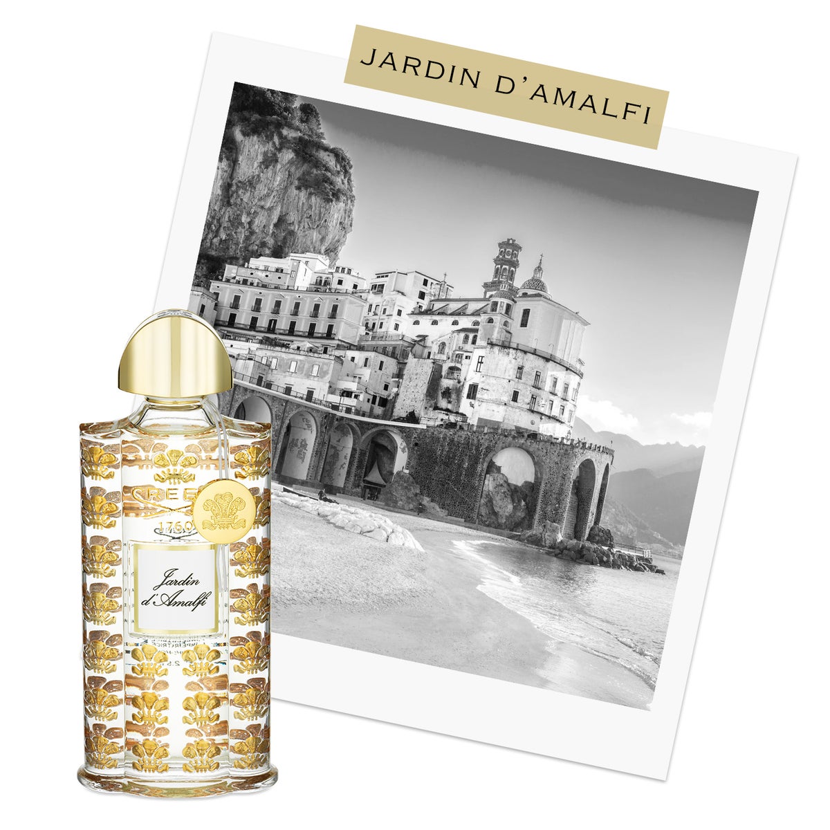 Jardin D'Amalfi bottle in front of black & white postcard of the Amalfi Coast