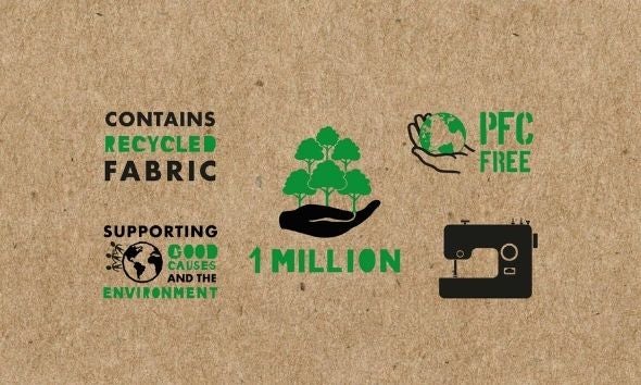 Contains recycled fabric. PFC free. Supporting good causes and the environment. 1 million.