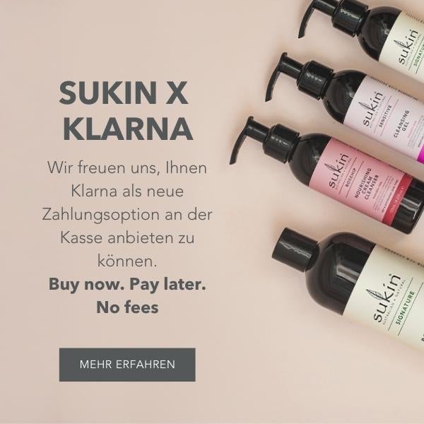 Sukin x Klarna - Wir freuen uns, Ihnen Klarna als neue Zahlungsoption an der Kasse anbieten zu können.  Buy now. Pay later. No fees