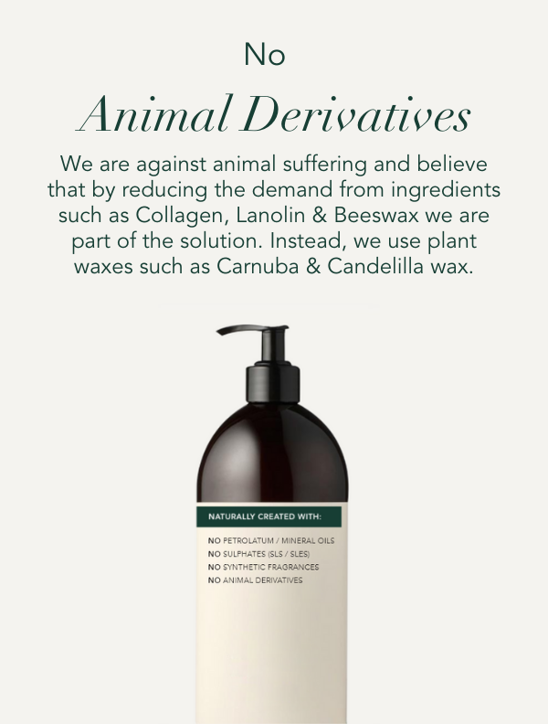 No animal derivates. We are against animal suffering and believe that by reducing the demand from ingredients such as collagen, lanolin and beeswax we are part of the solution. Instead,  we use plant waxes such as Carnuba & Candelila wax