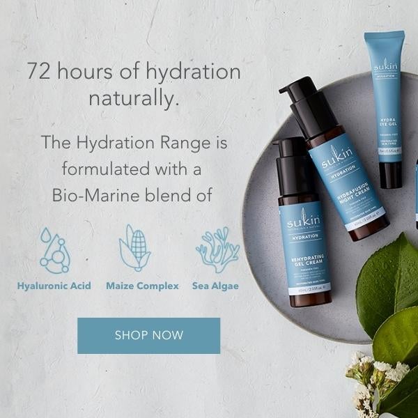 72 hours of hydration naturally.  the Hydration Range is formulated with a Bio-Marine blend of Hyaluronic Acid, Maize Complex and Sea Algae.