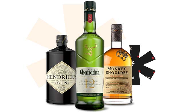 Bottles of Glenfiddich, Hendricks Gin and Monkey Shoulder