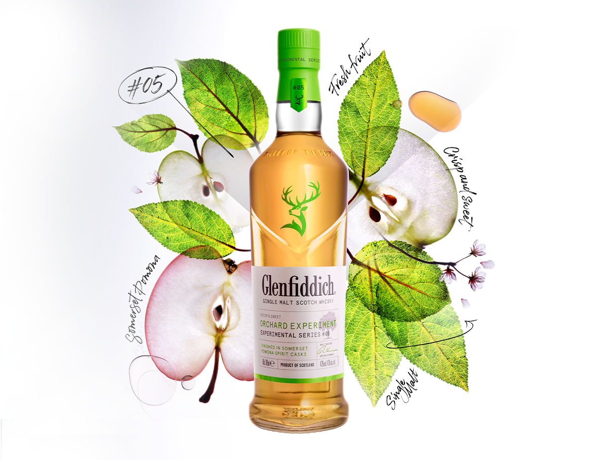 Introducing Glenfiddich Orchard Experiment. A pioneering single malt Scotch whisky combining the depth and intensity of Glenfiddich with the delicate sweetness of Somerset apples.