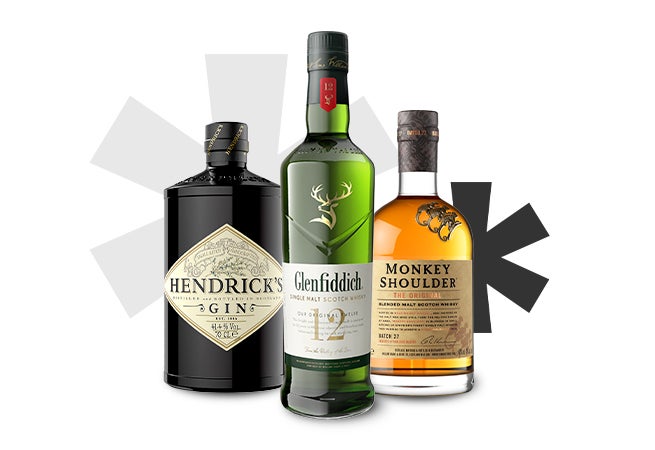 Bottles of Glenfiddich, Hendricks Gin and Monkey Shoulder