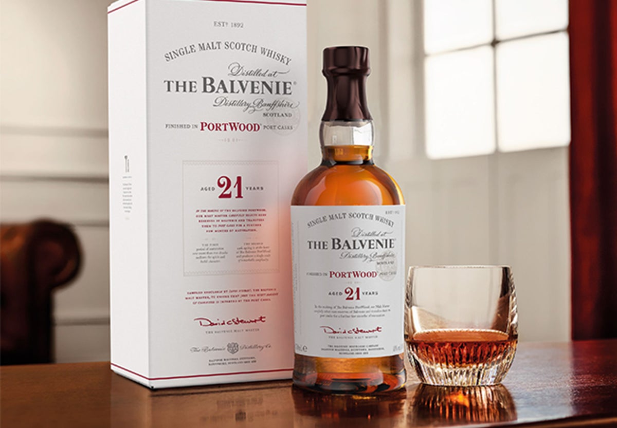Bottle of The Balvenie with its package box and a glass